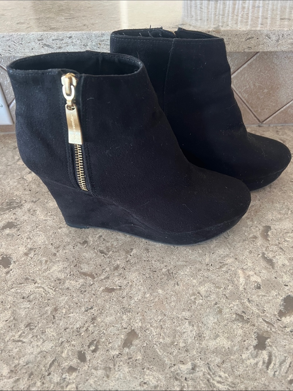 Christian Siriano Black Suede Wedge Ankle Boots with Gold Zip
